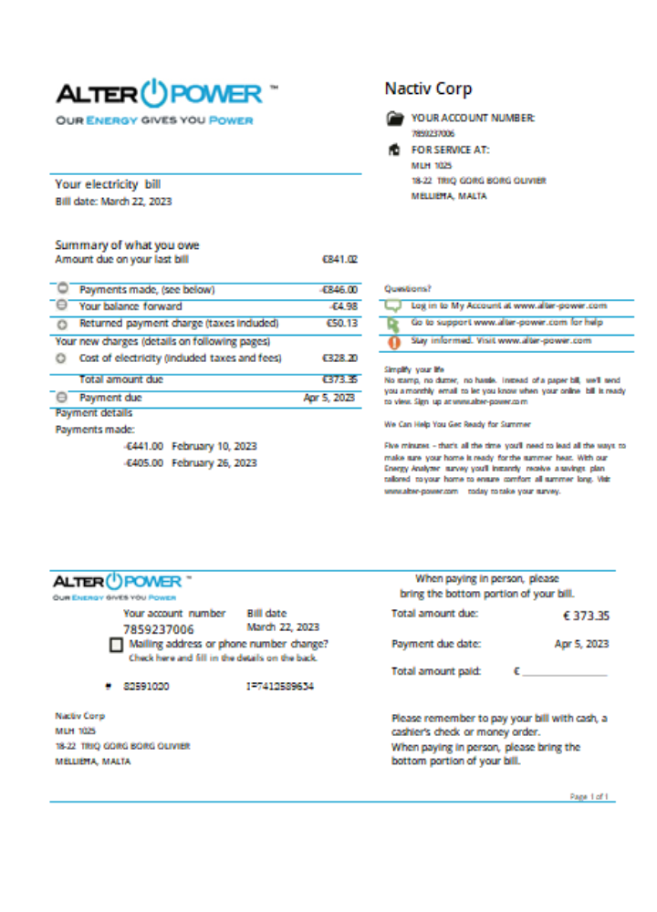 Download AlterPower Malta proof of address utility business bill,  SCR Photoshop template